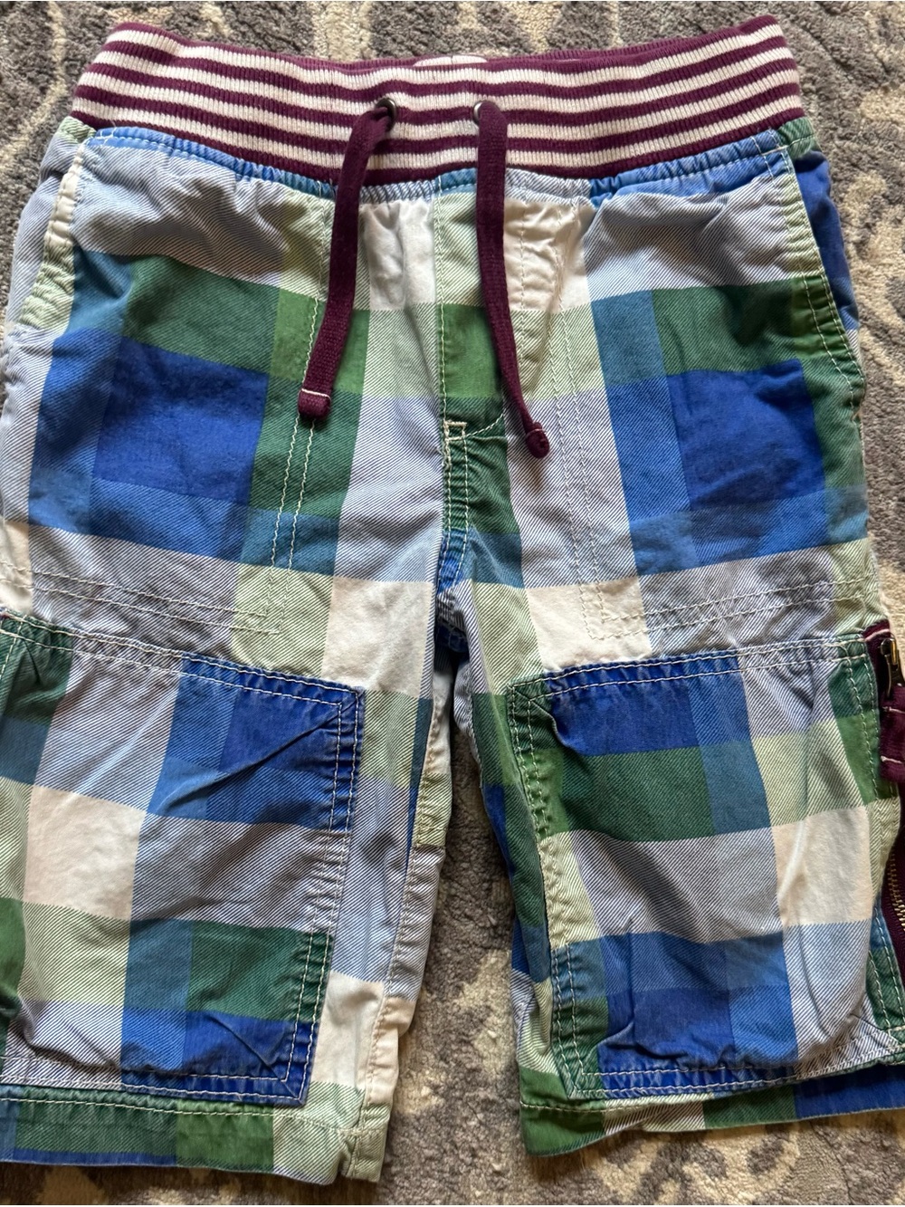 Mini Boden Boys Plaid Cargo Shorts with Maroon Striped Drawstring Waist
